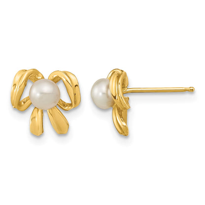 14k 3-4mm White Button Freshwater Cultured Pearl Bow Post Earrings