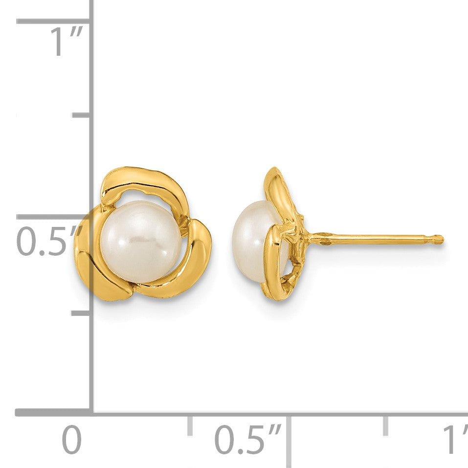 14k 5-6mm White Button Freshwater Cultured Pearl Flower Post Earrings