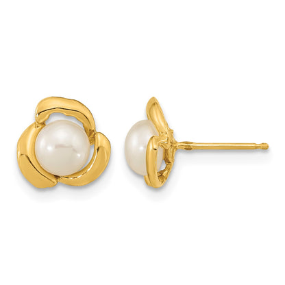 14k 5-6mm White Button Freshwater Cultured Pearl Flower Post Earrings