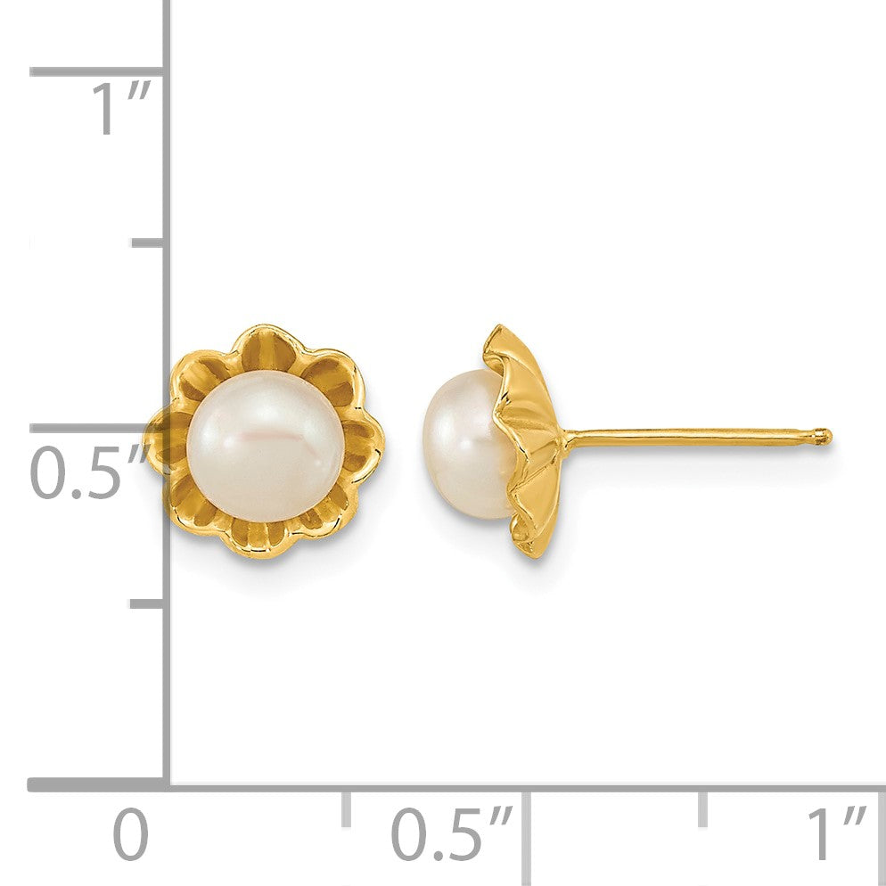 14k 5-6mm White Button Freshwater Cultured Pearl Flower Post Earrings