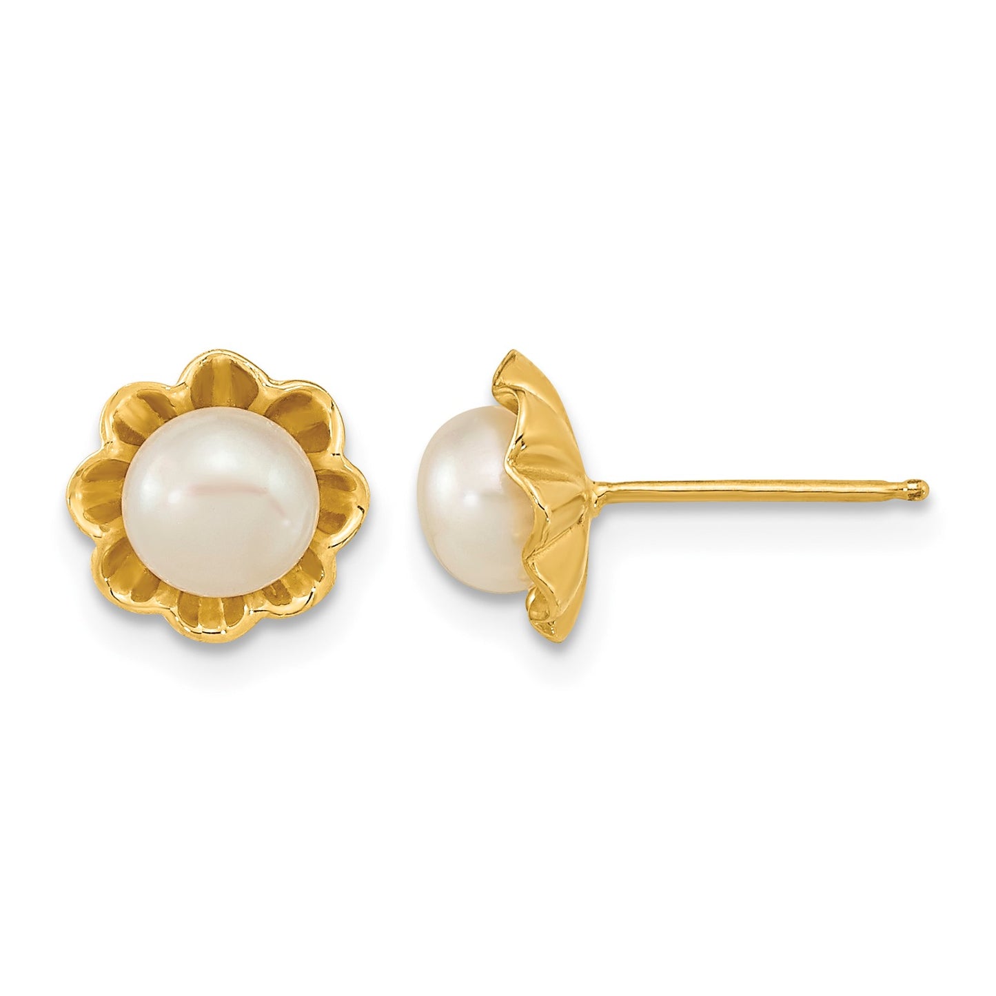 14k 5-6mm White Button Freshwater Cultured Pearl Flower Post Earrings