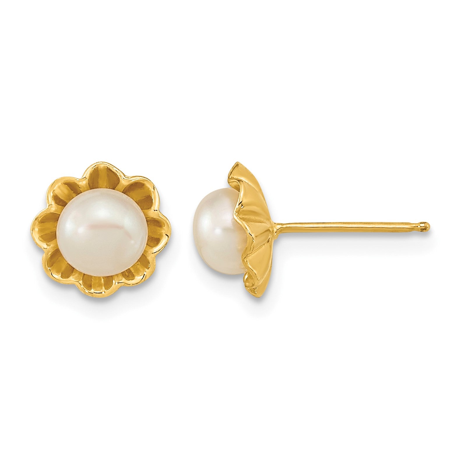 14k 5-6mm White Button Freshwater Cultured Pearl Flower Post Earrings