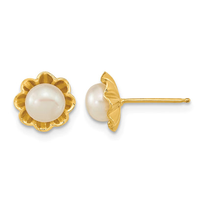 14k 5-6mm White Button Freshwater Cultured Pearl Flower Post Earrings