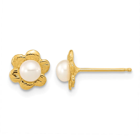 14k 3-4mm White Button Freshwater Cultured Pearl Flower Post Earrings