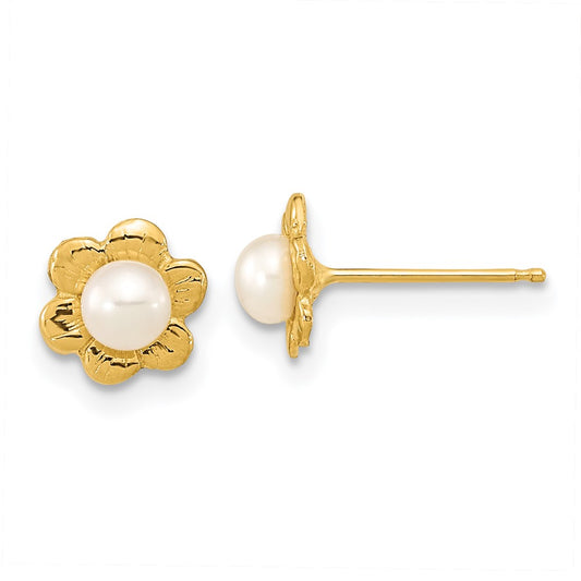 14k 3-4mm White Button Freshwater Cultured Pearl Flower Post Earrings