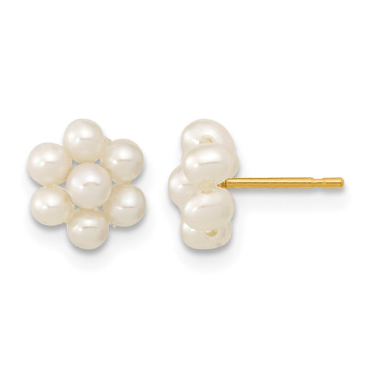 14k 2-3mm White Button Freshwater Cultured Pearl Flower Post Earrings
