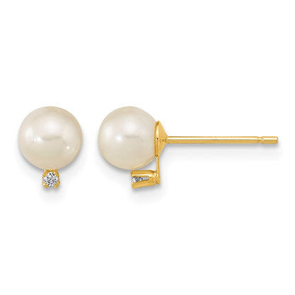 14k 5-5.5mm White Round Freshwater Cultured Pearl and CZ Post Earrings