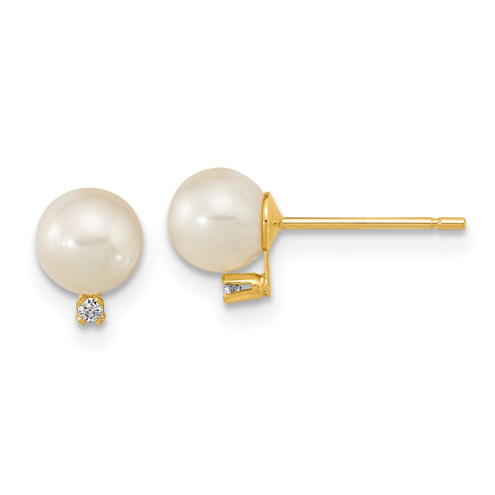 14k 5-5.5mm White Round Freshwater Cultured Pearl and CZ Post Earrings