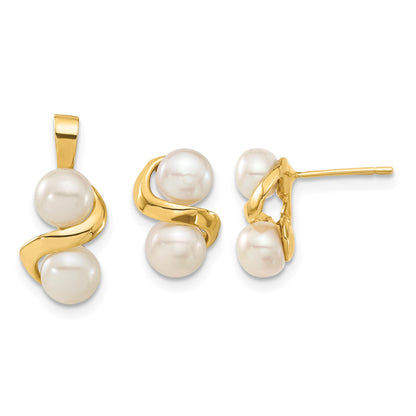 14k 5-6mm White Button Freshwater Cultured Pearl Post Earrings and Pendant Set