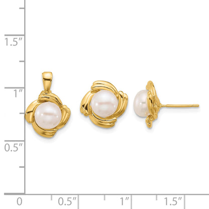 14k 6-7mm White Button Freshwater Cultured Pearl Post Earrings and Pendant Set