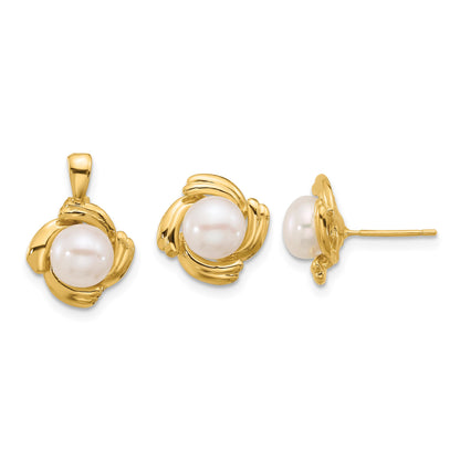 14k 6-7mm White Button Freshwater Cultured Pearl Post Earrings and Pendant Set