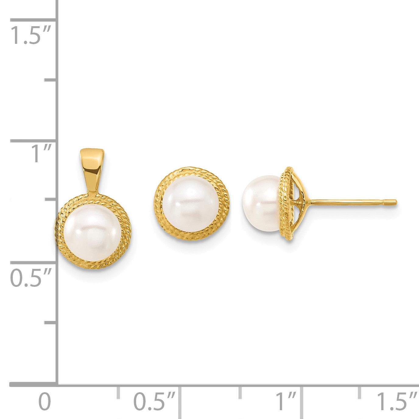 14k 5-6mm White Button Freshwater Cultured Pearl Post Earrings and Pendant Set