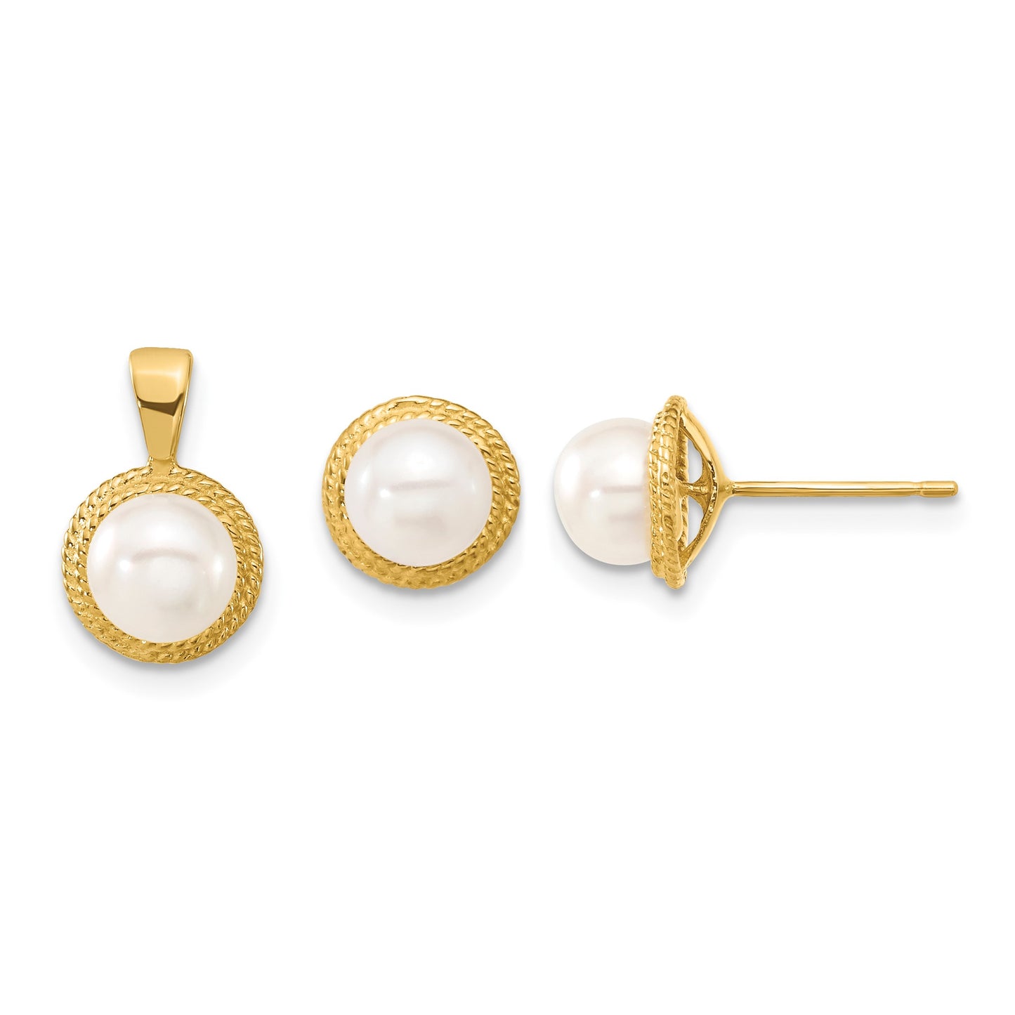 14k 5-6mm White Button Freshwater Cultured Pearl Post Earrings and Pendant Set
