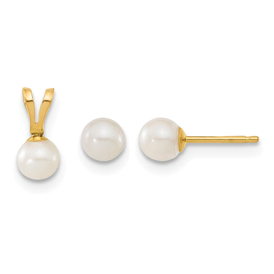 14k Children's 4-5mm White Round Freshwater Cultured Pearl Pendant and Post Earrings Set