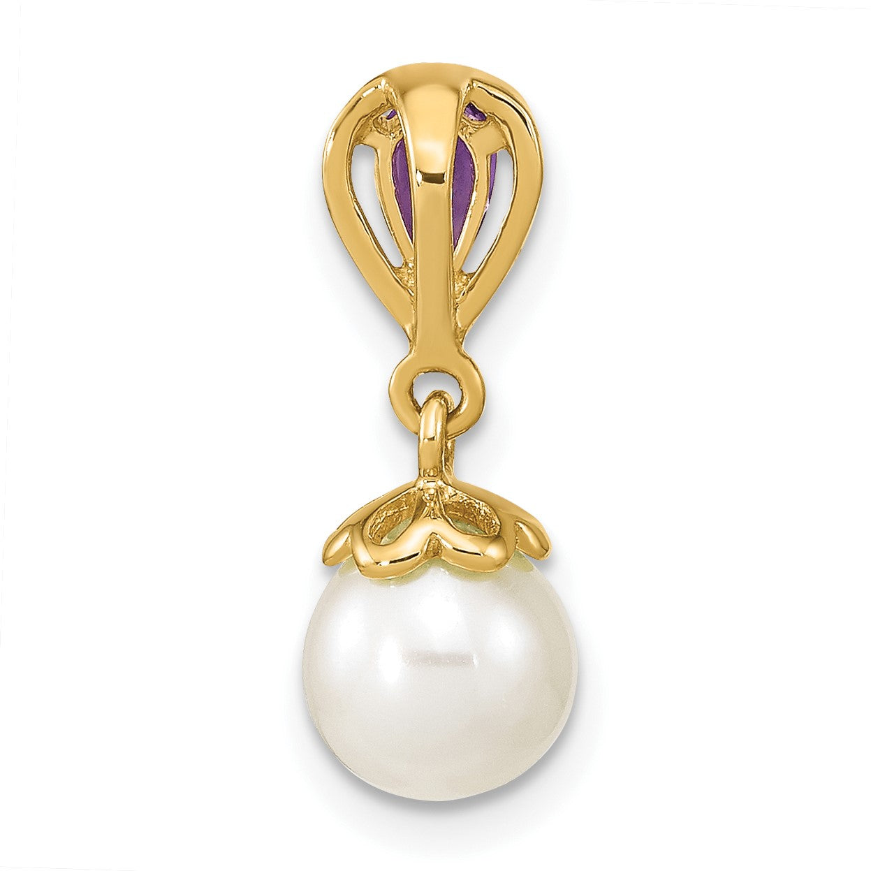 14K 7-8mm Round White Freshwater Cultured Pearl and Pear Amethyst Chain Slide