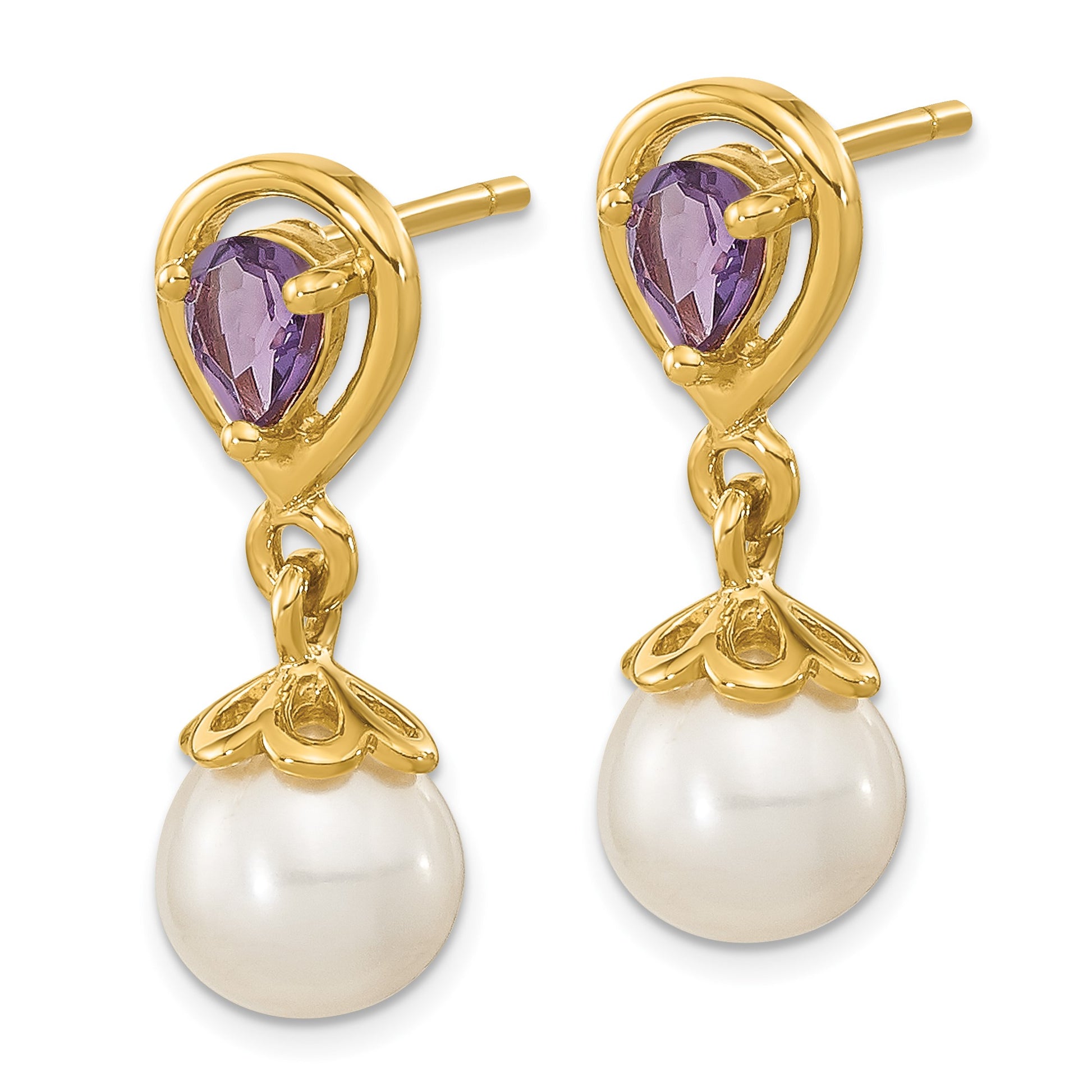 14K 6-7mm White Round Freshwater Cultured Pearl and 3.08AM Pear Amethyst Post Dangle Earrings