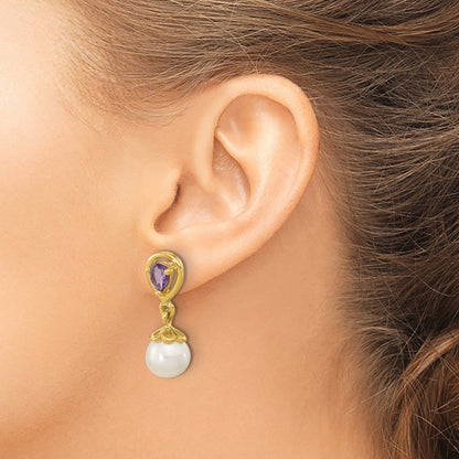 14K 6-7mm White Round Freshwater Cultured Pearl and 3.08AM Pear Amethyst Post Dangle Earrings
