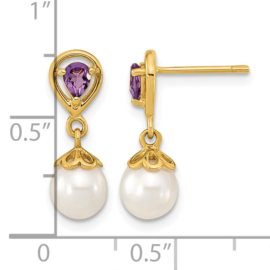 14K 6-7mm White Round Freshwater Cultured Pearl and 3.08AM Pear Amethyst Post Dangle Earrings