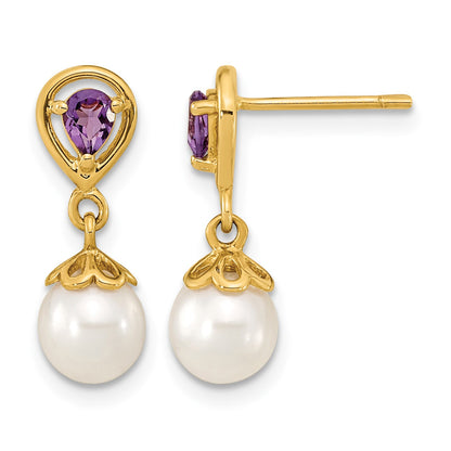 14K 6-7mm White Round Freshwater Cultured Pearl and 3.08AM Pear Amethyst Post Dangle Earrings
