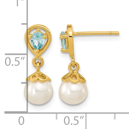 14K 6-7mm White Round Freshwater Cultured Pearl and 3.14BT Pear Light Swiss Blue Topaz Dangle Post Earrings