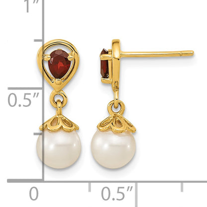 14K 6-7mm White Round Freshwater Cultured Pearl and 3.20GA Pear Mozambique Garnet Dangle Post Earrings
