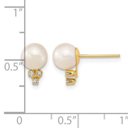 14k 6-7mm White Round Freshwater Cultured Pearl and .06 Carat Diamond Post Earrings