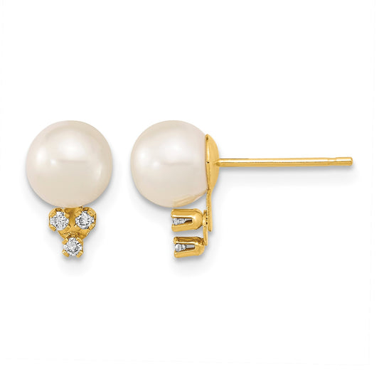 14k 6-7mm White Round Freshwater Cultured Pearl and .06 Carat Diamond Post Earrings