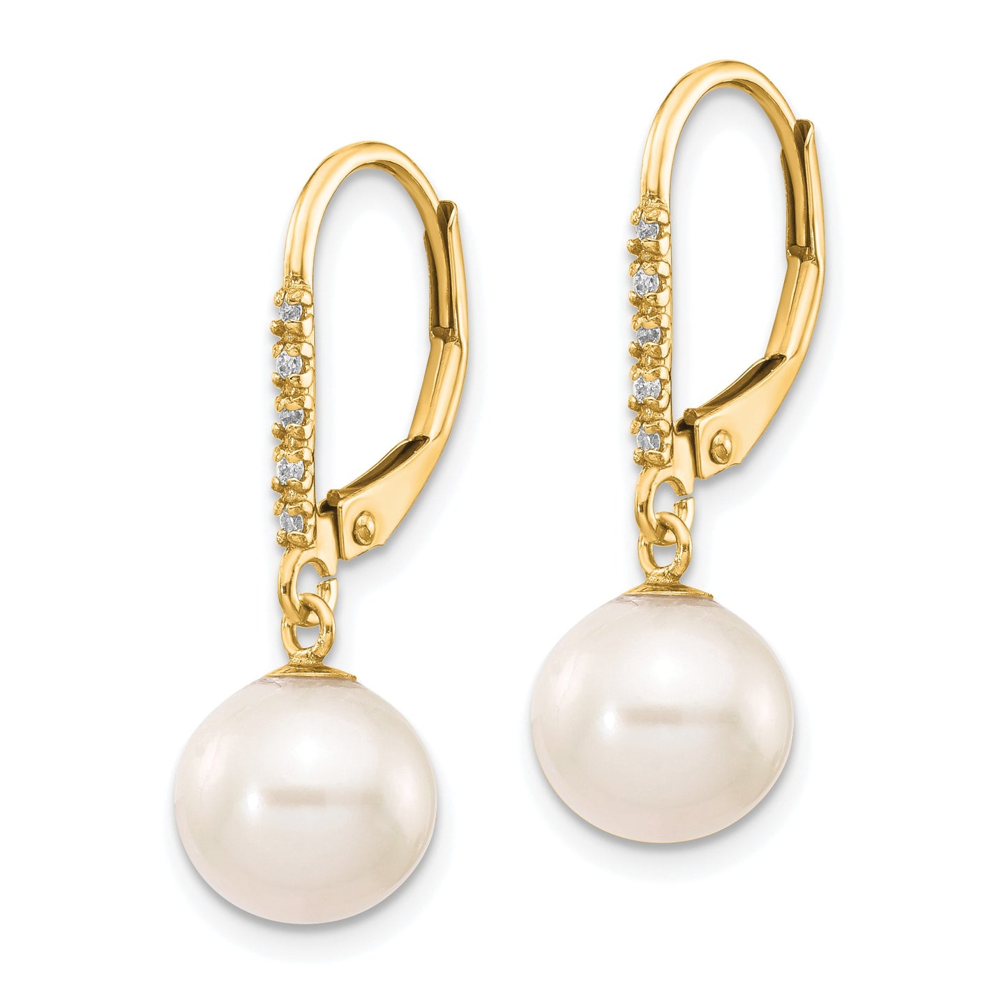 14k 8-9mm White Round Freshwater Cultured Pearl and .05 Carat Diamond Dangle Leverback Earrings