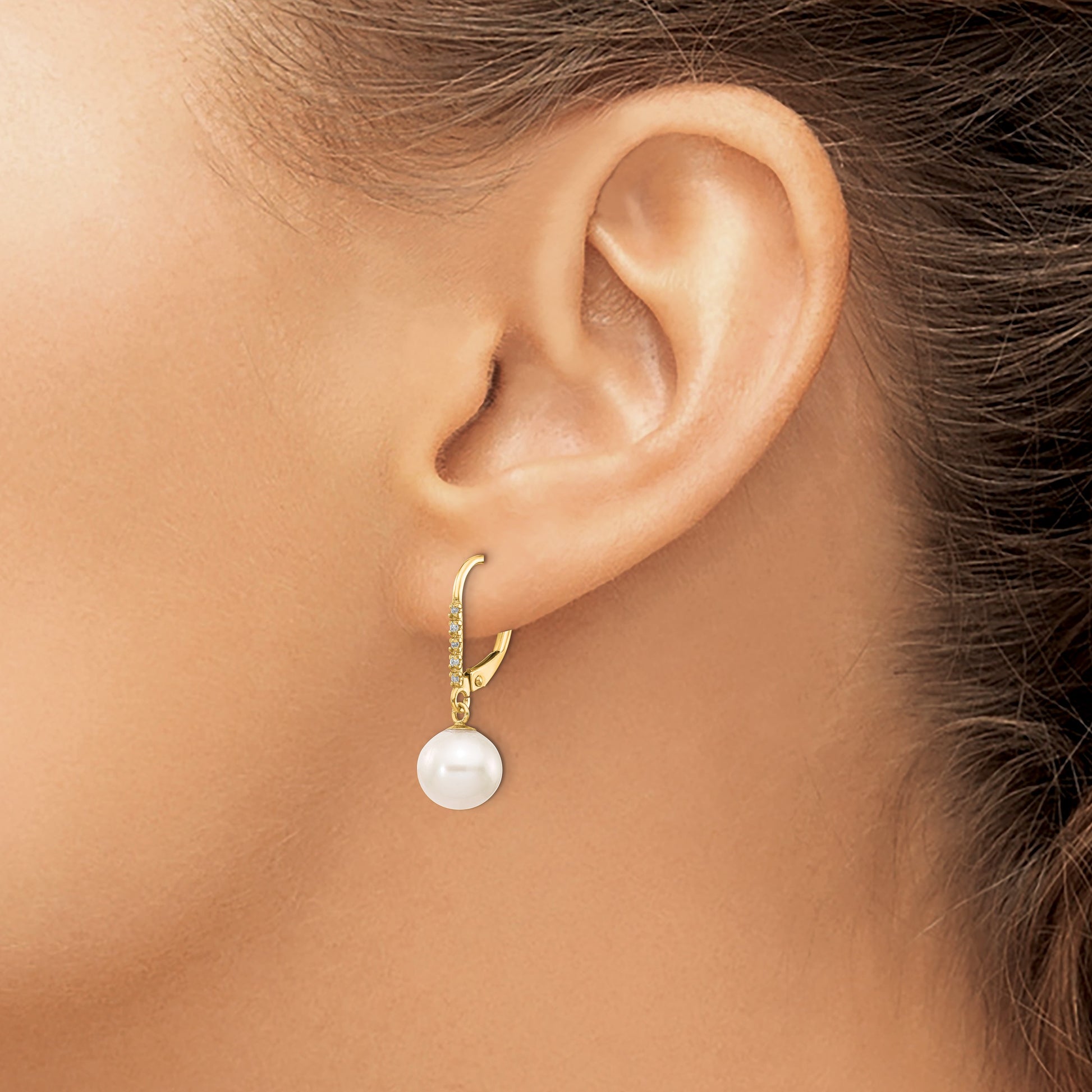 14k 8-9mm White Round Freshwater Cultured Pearl and .05 Carat Diamond Dangle Leverback Earrings