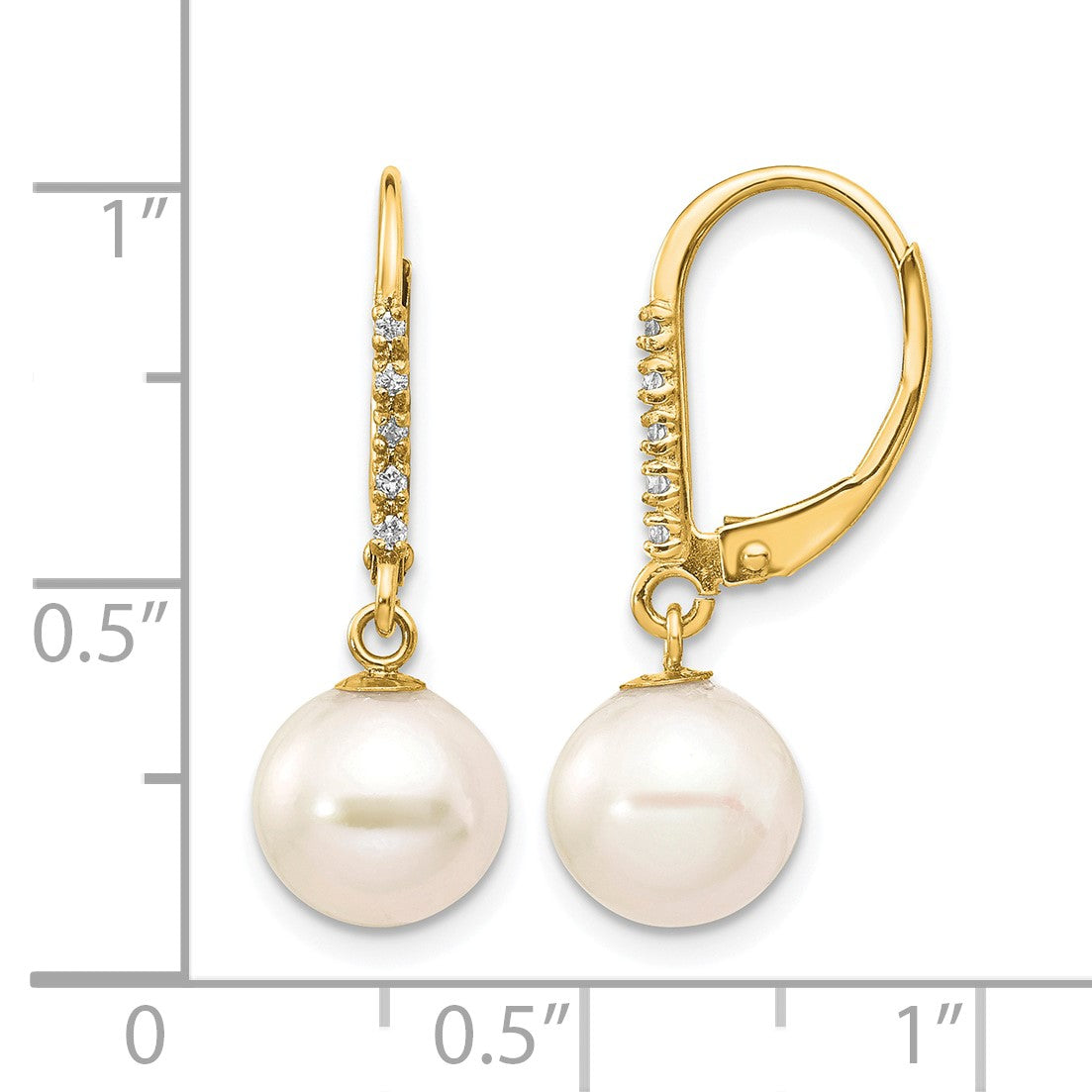 14k 8-9mm White Round Freshwater Cultured Pearl and .05 Carat Diamond Dangle Leverback Earrings