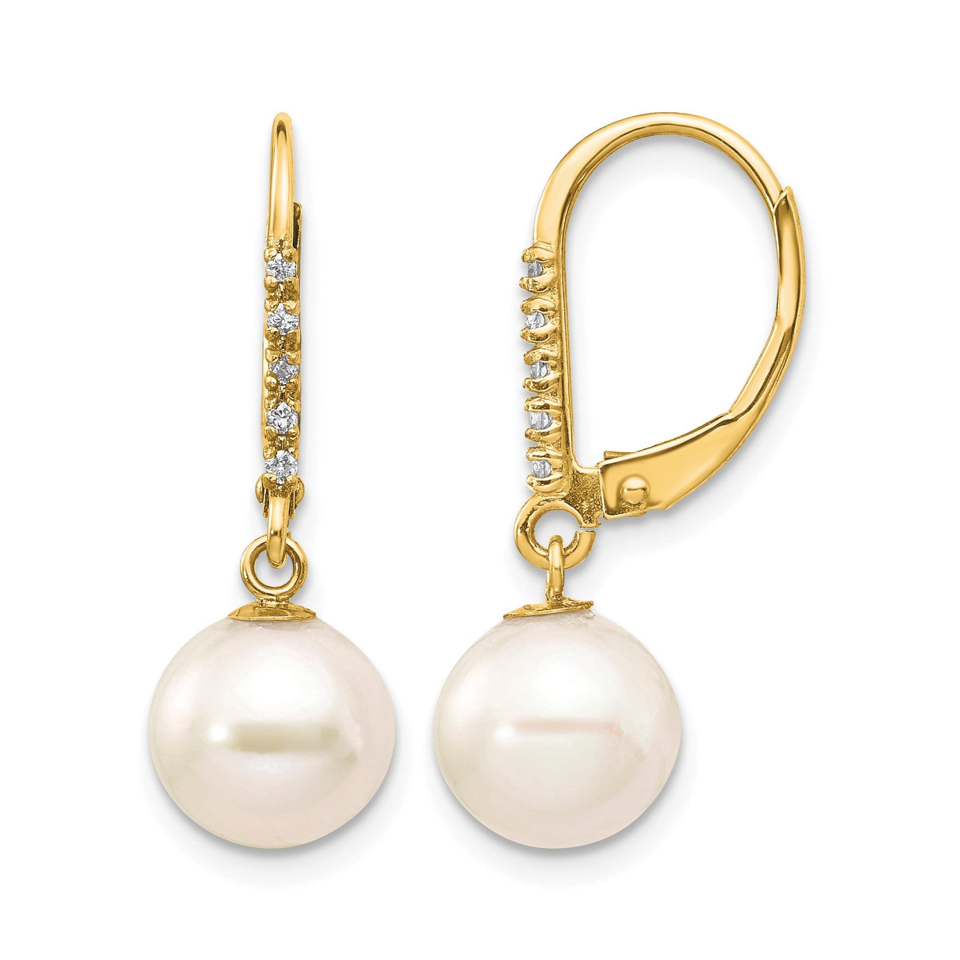 14k 8-9mm White Round Freshwater Cultured Pearl and .05 Carat Diamond Dangle Leverback Earrings