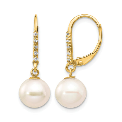 14k 8-9mm White Round Freshwater Cultured Pearl and .05 Carat Diamond Dangle Leverback Earrings