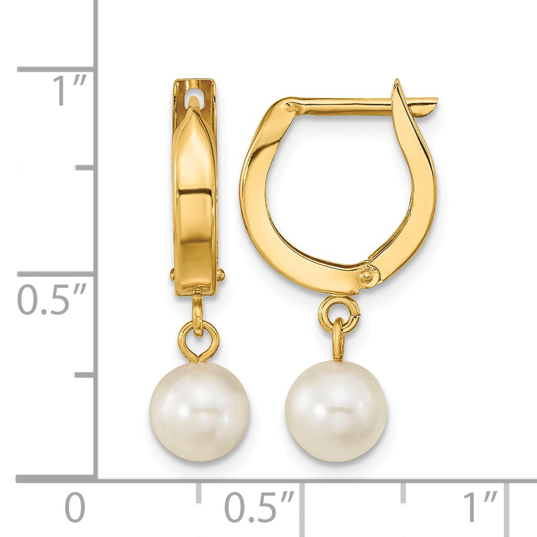 14k 6-7mm White Round Akoya Saltwater Cultured Pearl Dangle Hinged Hoop Earrings