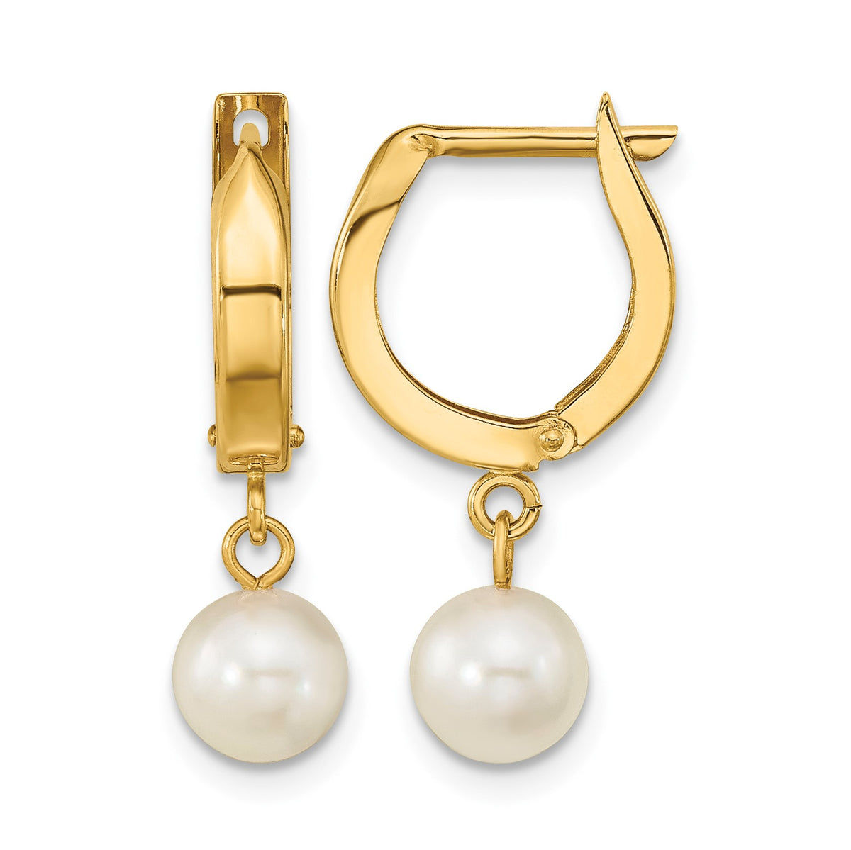 14k 6-7mm White Round Akoya Saltwater Cultured Pearl Dangle Hinged Hoop Earrings