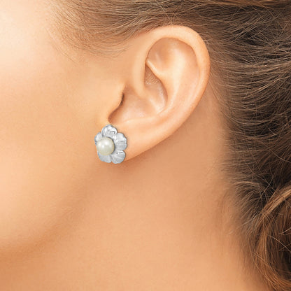 14k White Gold 5-6mm White Button Freshwater Cultured Pearl Flower Post Earrings