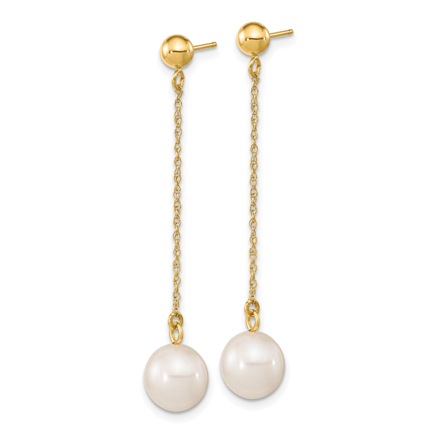 14k 7-8mm White Round Freshwater Cultured Pearl Chain Dangle Post Earrings