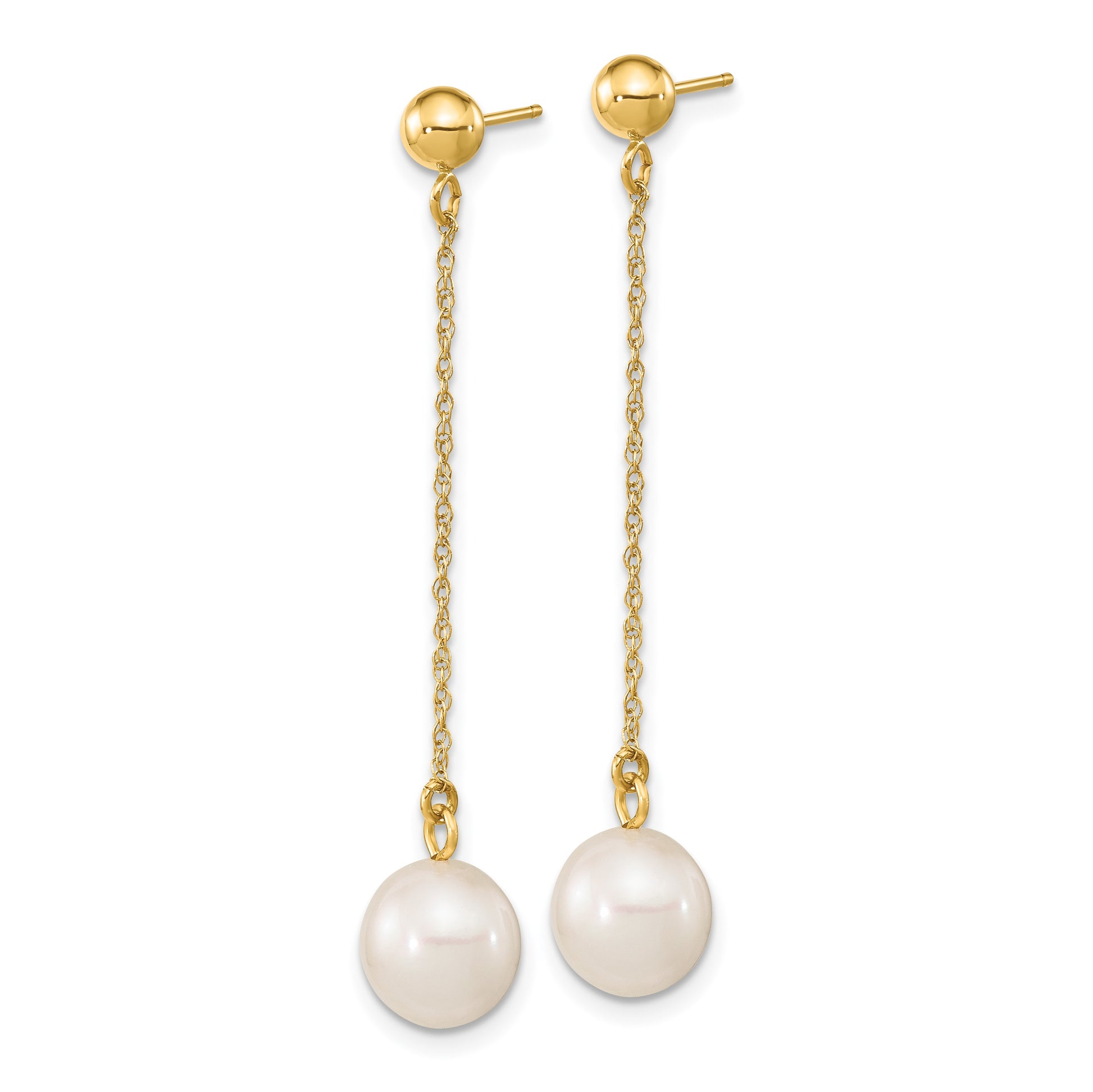 14k 7-8mm White Round Freshwater Cultured Pearl Chain Dangle Post Earrings