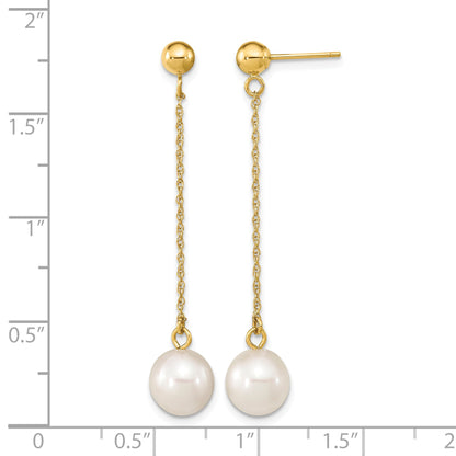 14k 7-8mm White Round Freshwater Cultured Pearl Chain Dangle Post Earrings