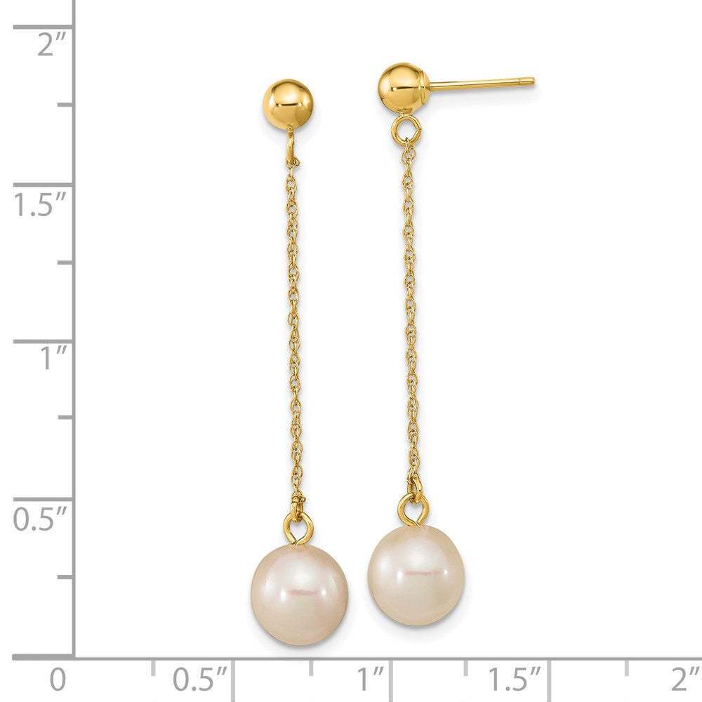 14k 7-8mm White Round Freshwater Cultured Pearl Post Dangle Earrings