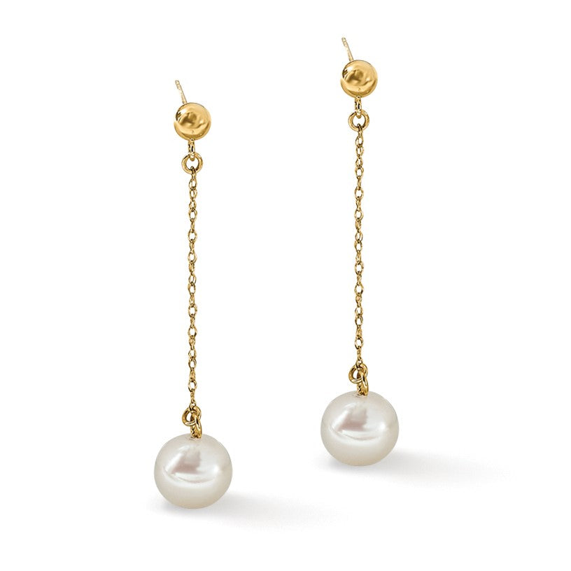 14k 7-8mm White Round Freshwater Cultured Pearl Chain Dangle Post Earrings