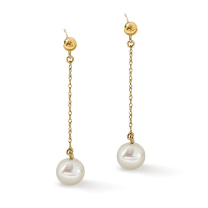 14k 7-8mm White Round Freshwater Cultured Pearl Chain Dangle Post Earrings
