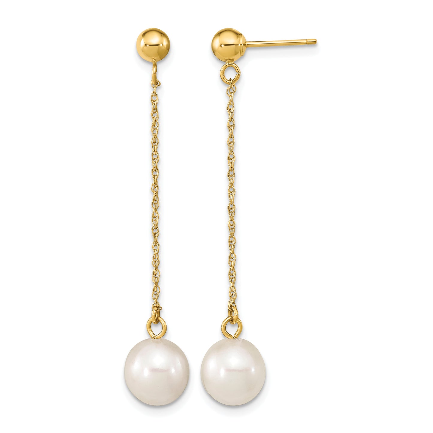14k 7-8mm White Round Freshwater Cultured Pearl Chain Dangle Post Earrings