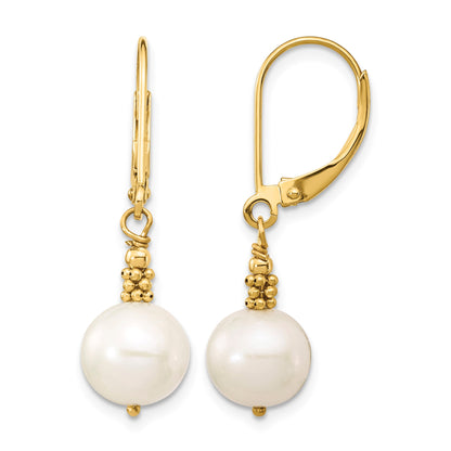 14k 8-9mm White Near-Round Freshwater Cultured Pearl Dangle Leverback Earrings