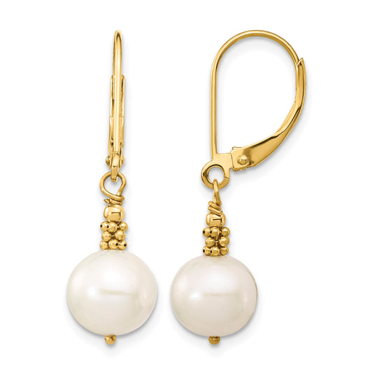 14k 8-9mm White Near-Round Freshwater Cultured Pearl Dangle Leverback Earrings