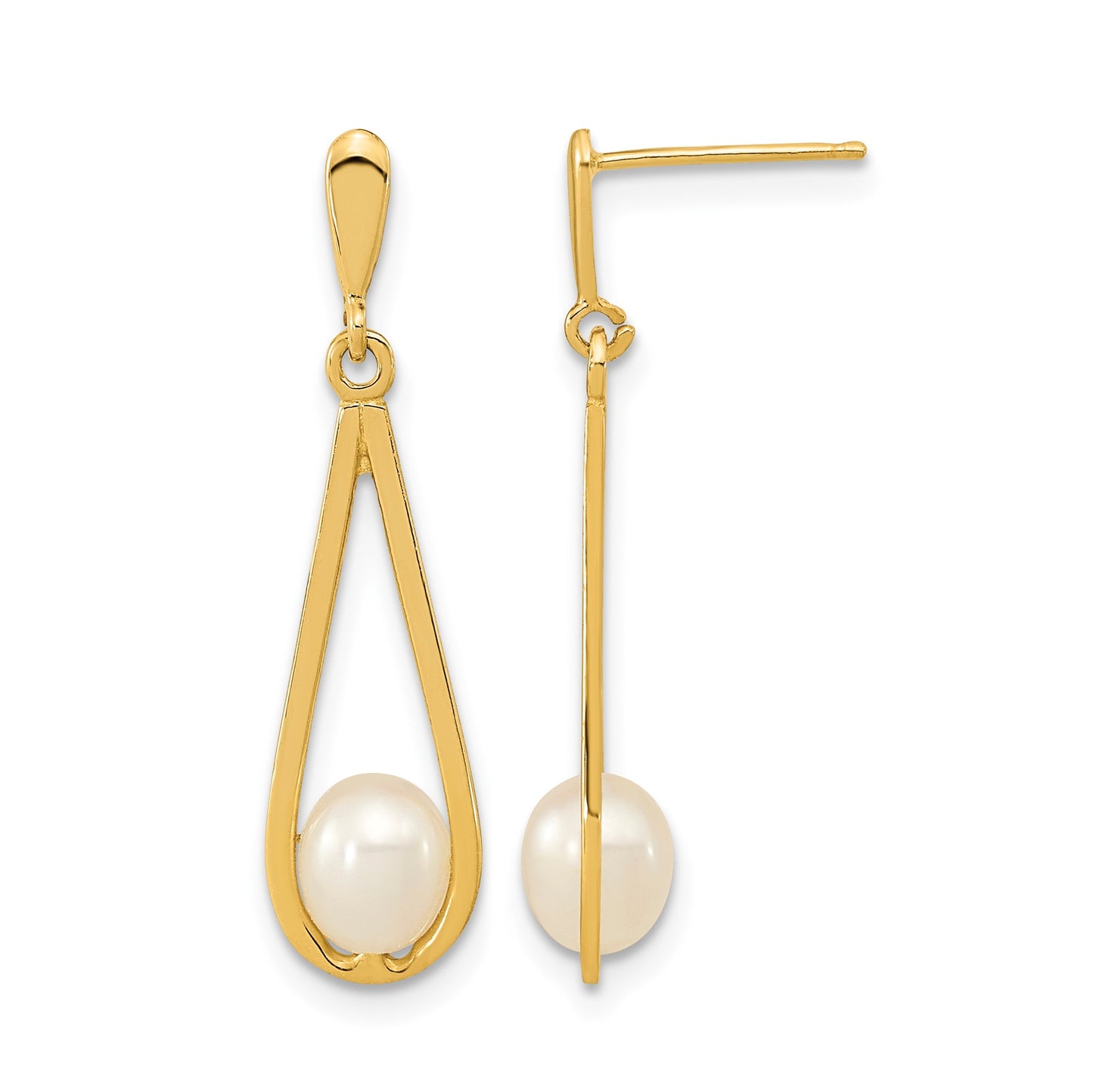 14k 5-6mm White Rice Freshwater Cultured Pearl Post Dangle Earrings