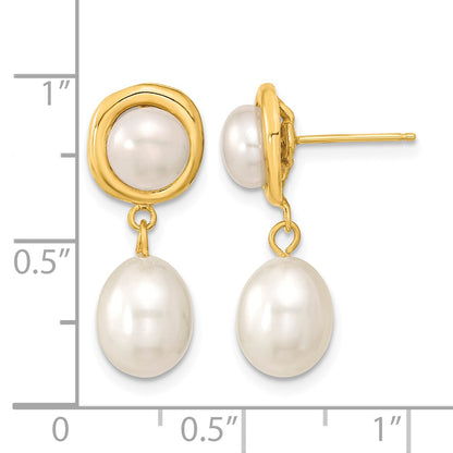 14k 5-7mm White Button and Rice Freshwater Cultured Pearl Post Dangle Earrings