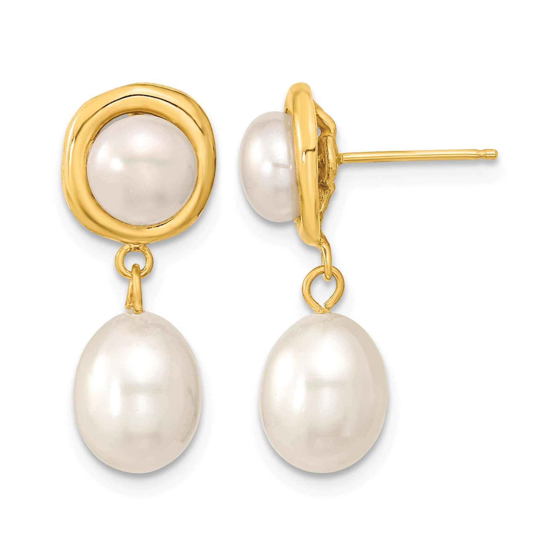 14k 5-7mm White Button and Rice Freshwater Cultured Pearl Post Dangle Earrings