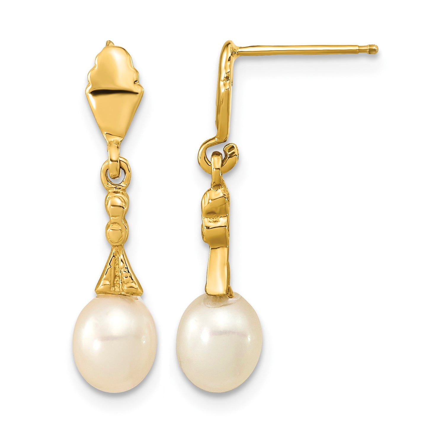 14k 5-6mm White Teardrop Freshwater Cultured Pearl Post Dangle Earrings