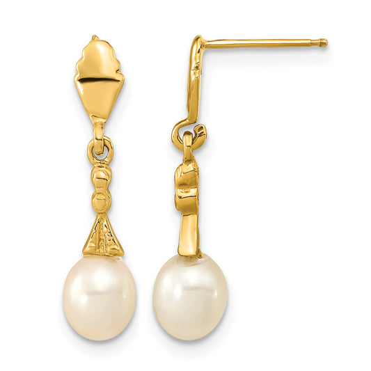 14k 5-6mm White Teardrop Freshwater Cultured Pearl Post Dangle Earrings