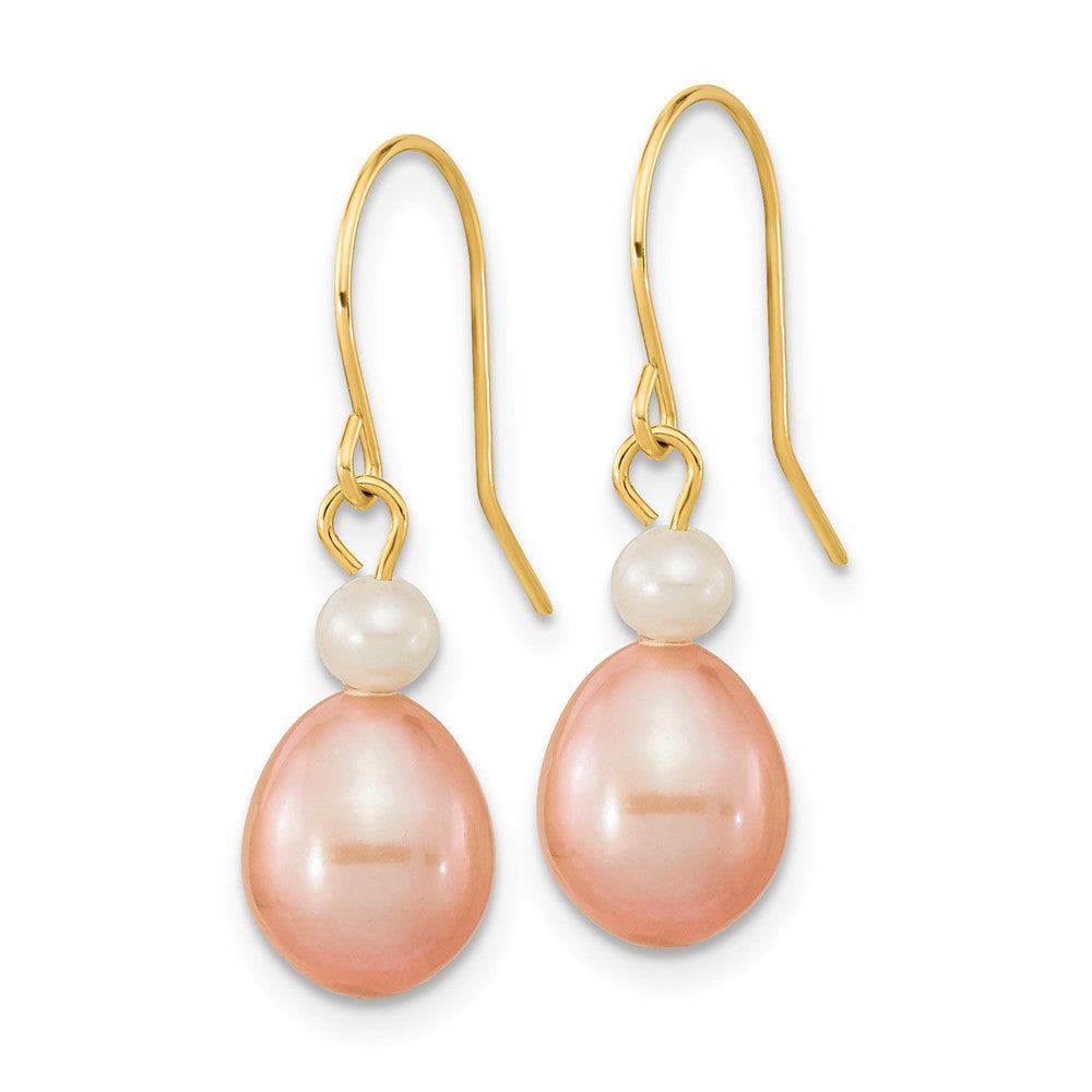 14k 7-8mm Pink Rice and White Round Freshwater Cultured Pearl Dangle Earrings